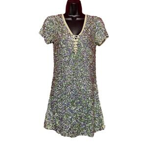 Moda International Sequin Tunic Medium Mini Dress Green Purple Lace Up V-Neck